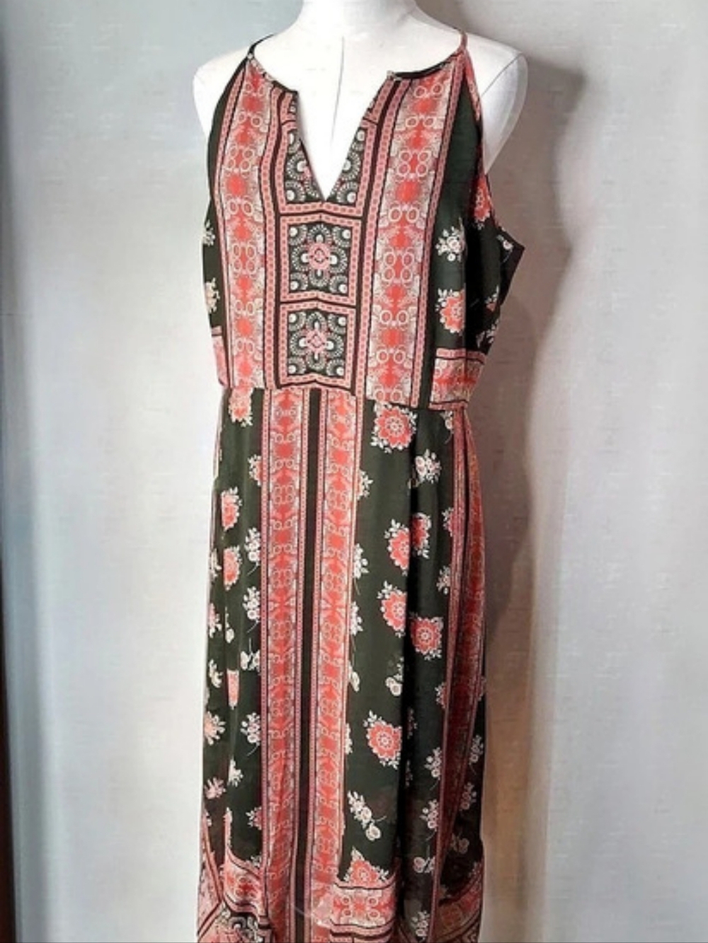 Guess Flower Child Dress Floral Boho Maxi Olive & Red Size Large